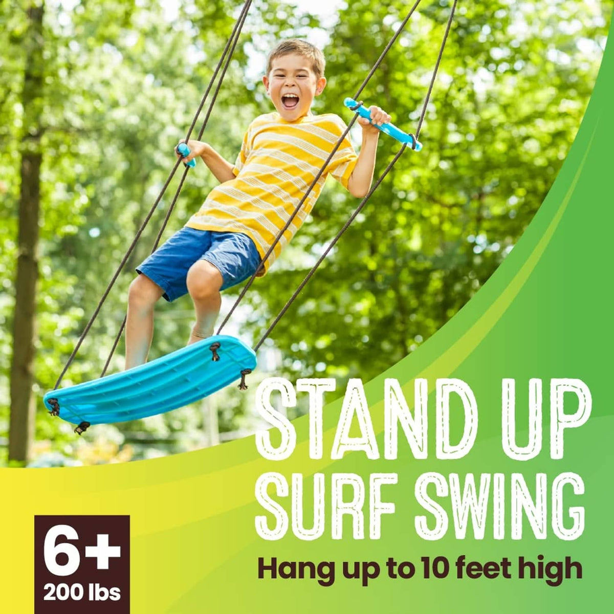 Child riding a turquoise stand up surf swing with blue rope handles outdoors