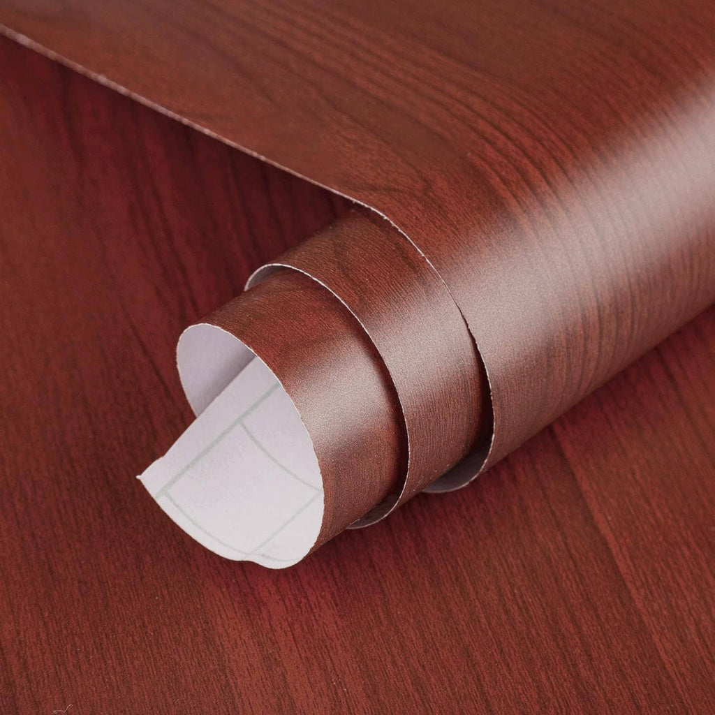 Cherry wood contact paper roll, red-brown woodgrain peel-and-stick sheet edge