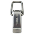 Stainless steel cooler latch with engraved Engel logo and arched handle