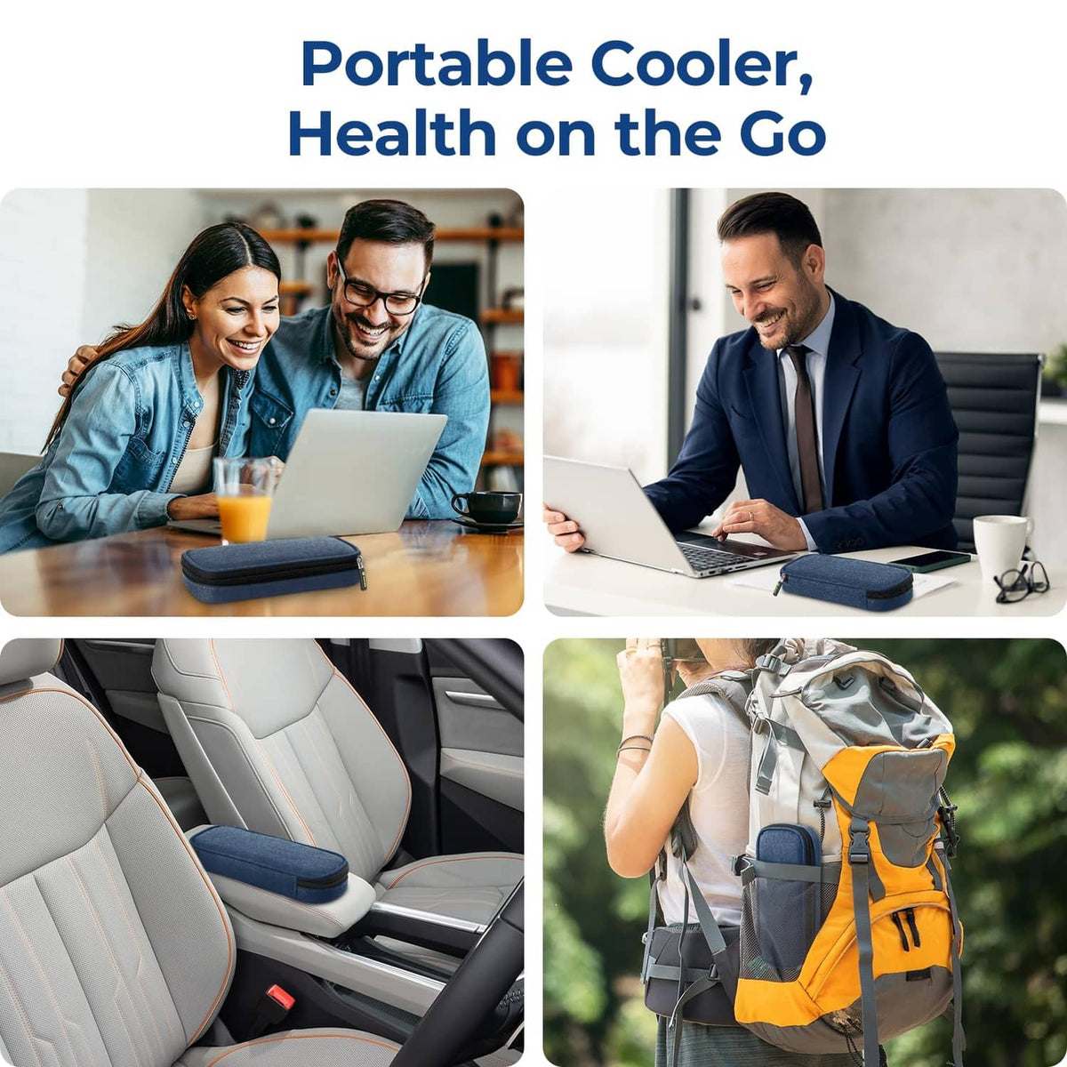 Navy compact insulin cooler case used on office desk, car seat, and backpack