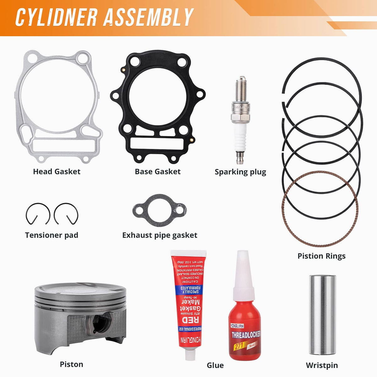 Cylinder assembly components: gaskets, piston rings, spark plug, piston, threadlocker