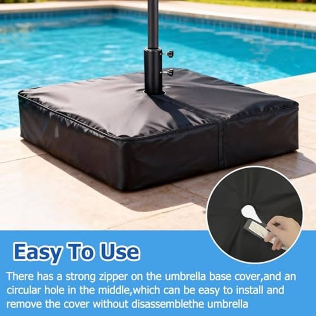 Black umbrella base cover with zipper closure and central pole opening.