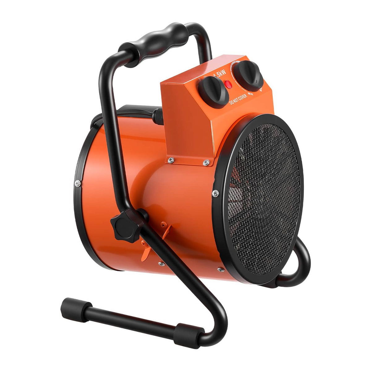 Orange electric greenhouse heater with black handle stand and front mesh fan grill, angled view