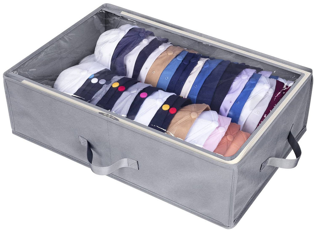 Gray foldable hat storage box with clear top window, holding stacked baseball caps
