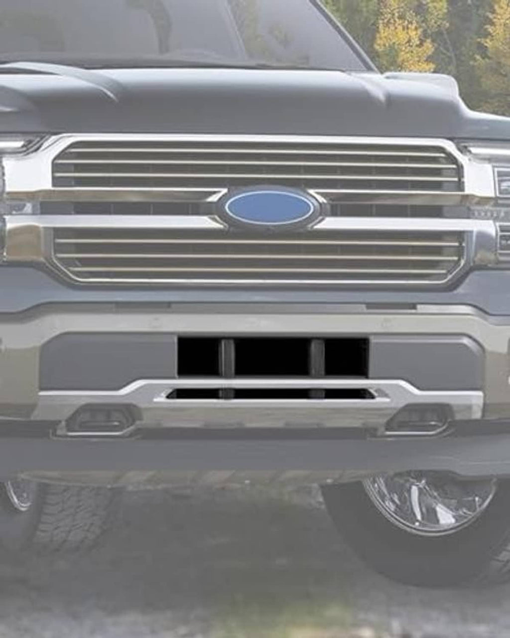 Front grille with horizontal chrome-like slats and oval blue center emblem