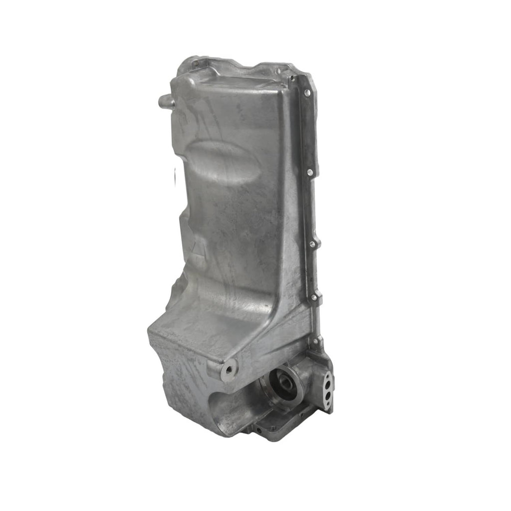 Engine oil pan housing assembly, silver metal with bolt holes and side flange