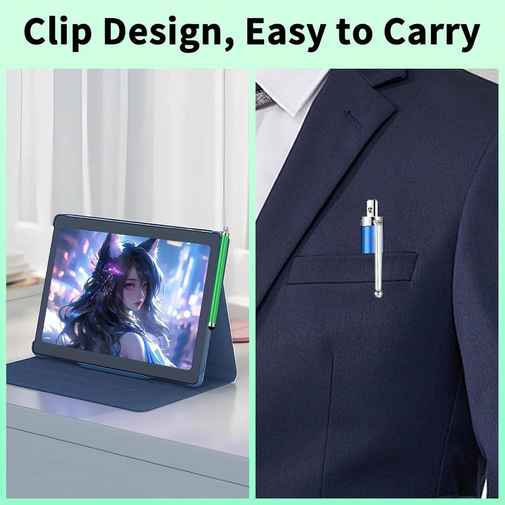 Blue stylus pen with clip and black rubber tip for touchscreen