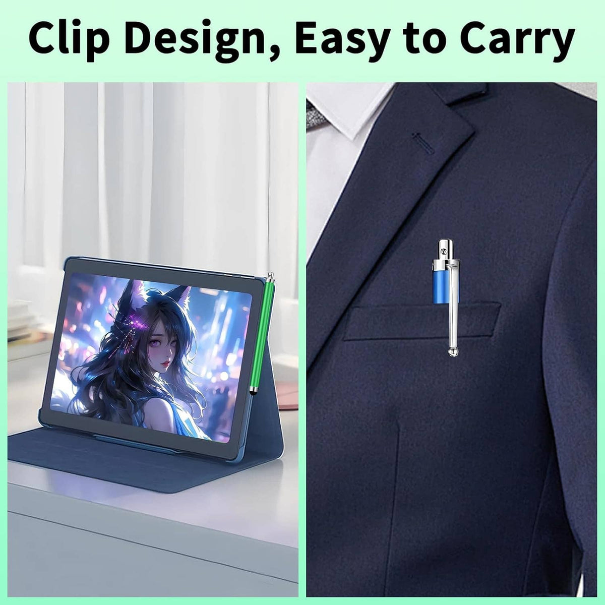Blue stylus pen with clip and black rubber tip for touchscreen