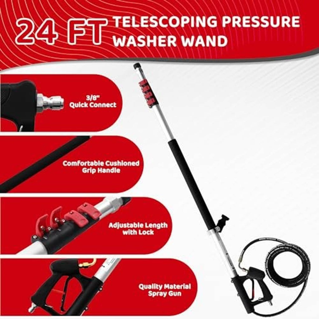 Telescoping pressure washer wand with cushioned grip, adjustable length, and spray gun
