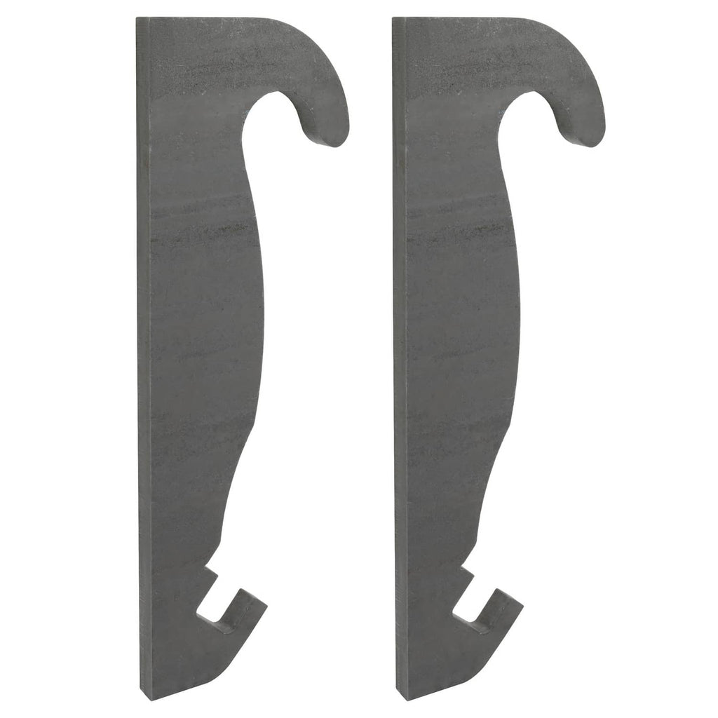 Two dark gray steel quick-attach brackets with curved top hooks and notch at bottom