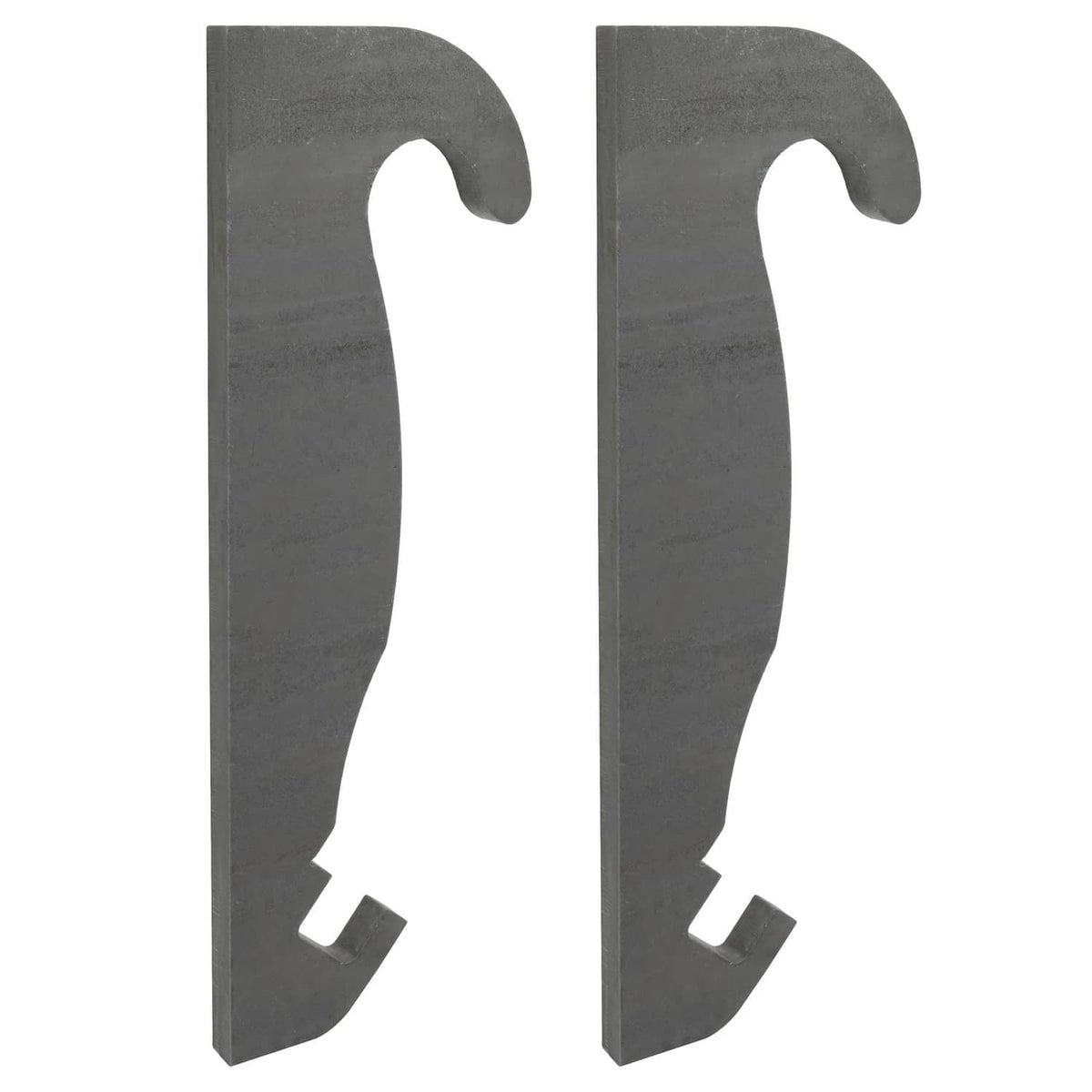 Two dark gray steel quick-attach brackets with curved top hooks and notch at bottom
