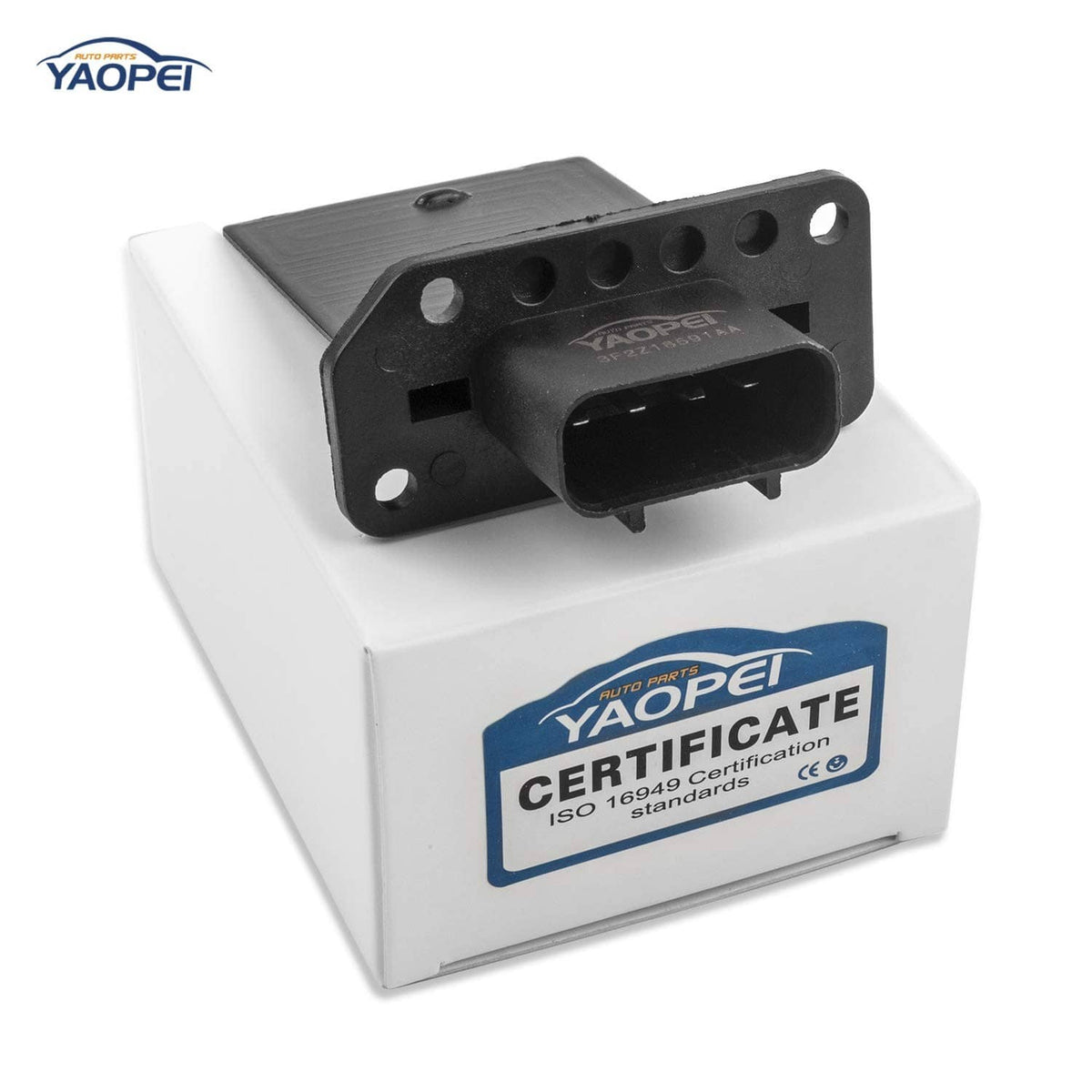 HVAC fan blower motor resistor resting on a product box