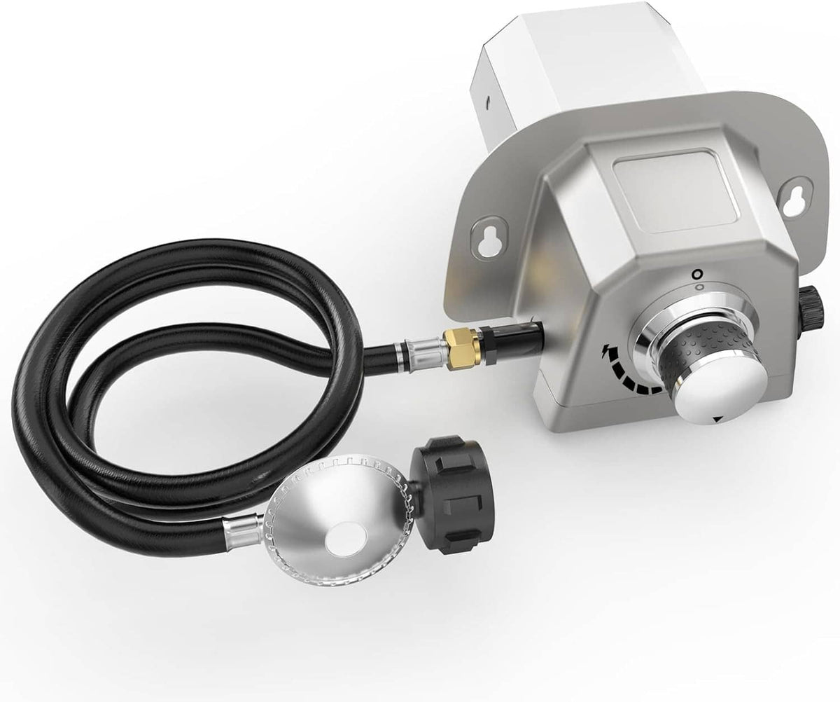 Gas burner attachment kit with black hose, regulator valve, and burner cap