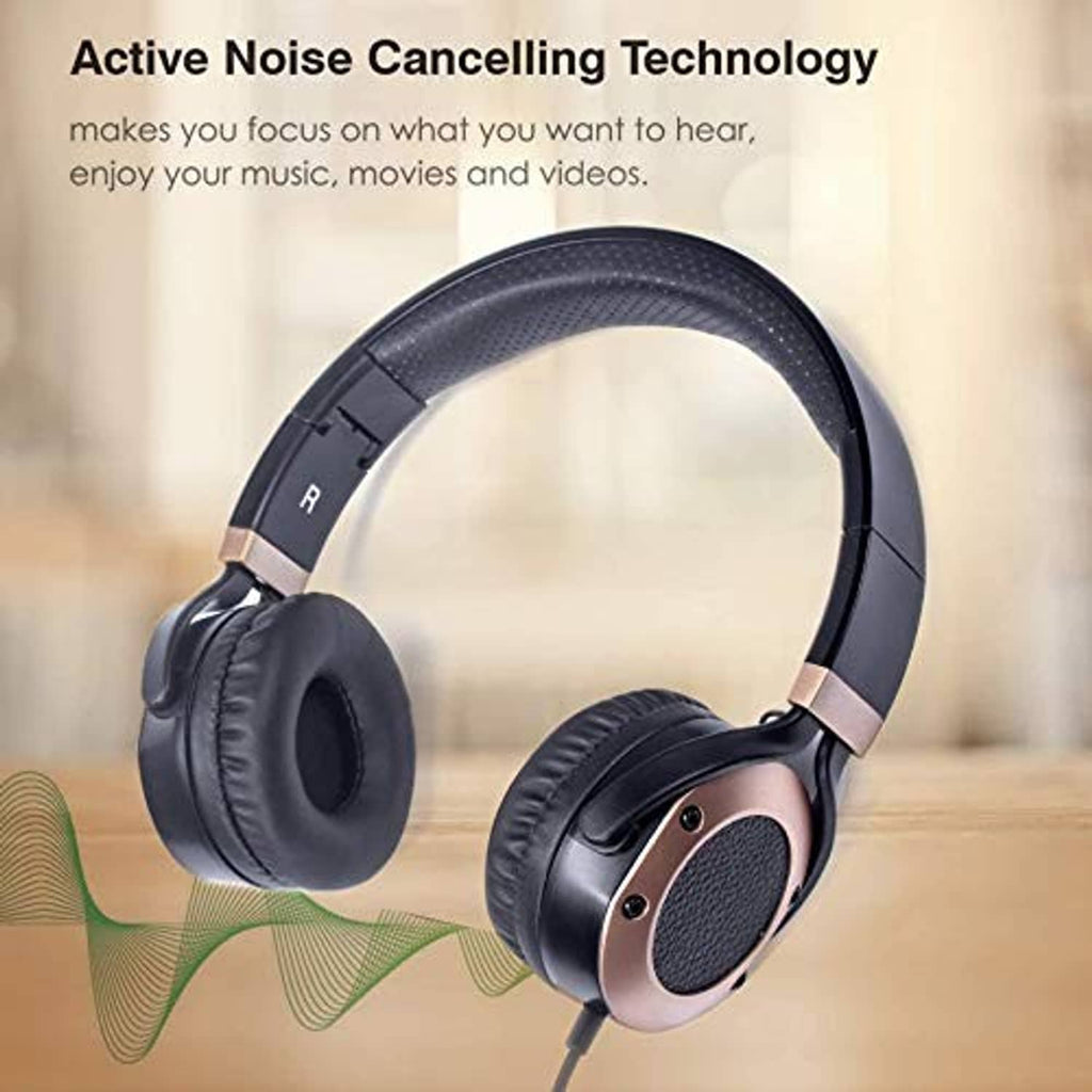 Over-ear headphones with padded headband and round ear speaker grille, wired microphone
