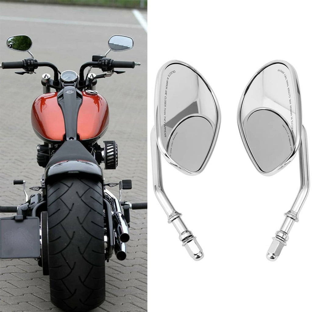 Chrome teardrop rear-view mirrors on U-shaped brackets with threaded stems.