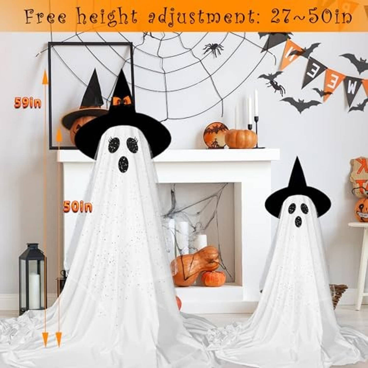 Two standing ghost decorations with black hats and dotted faces, white sheer fabric with flowing drape.