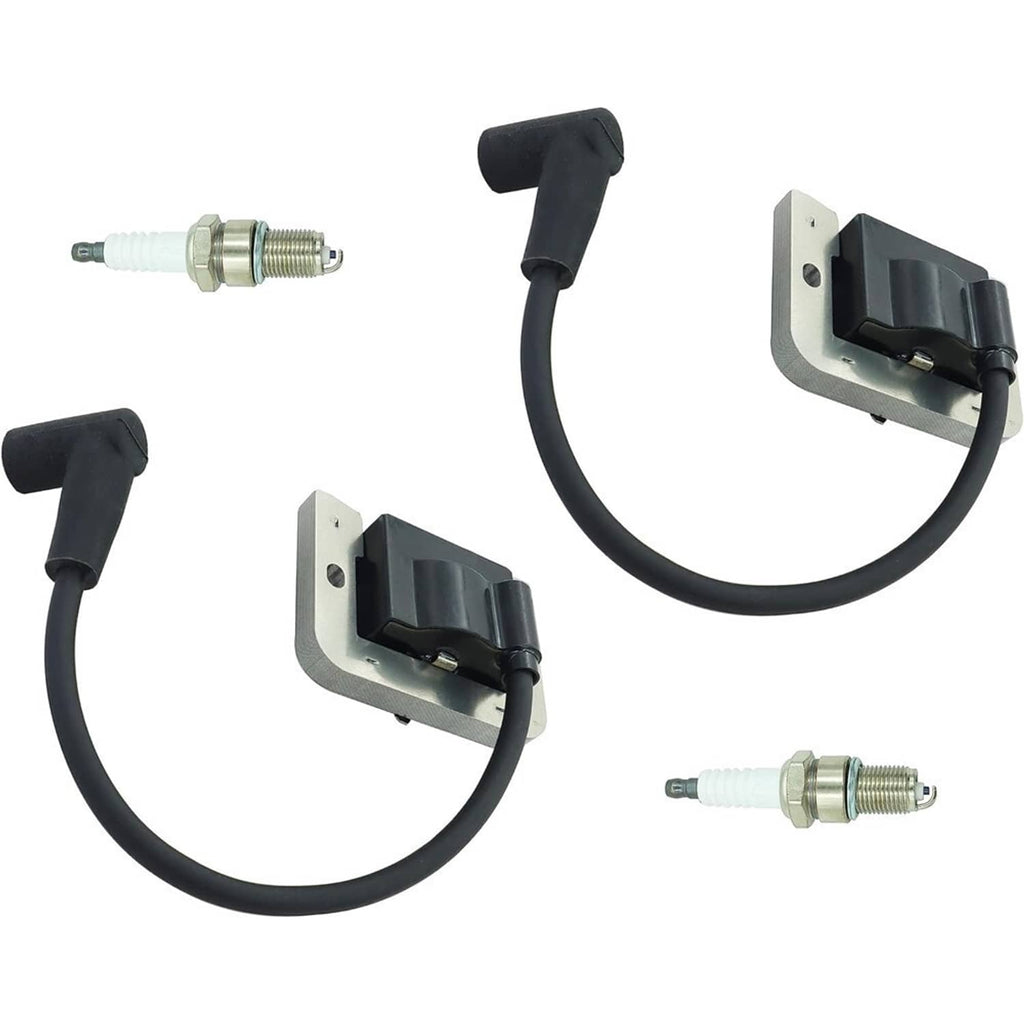 Set of ignition modules with black wiring and two spark plugs, shown together