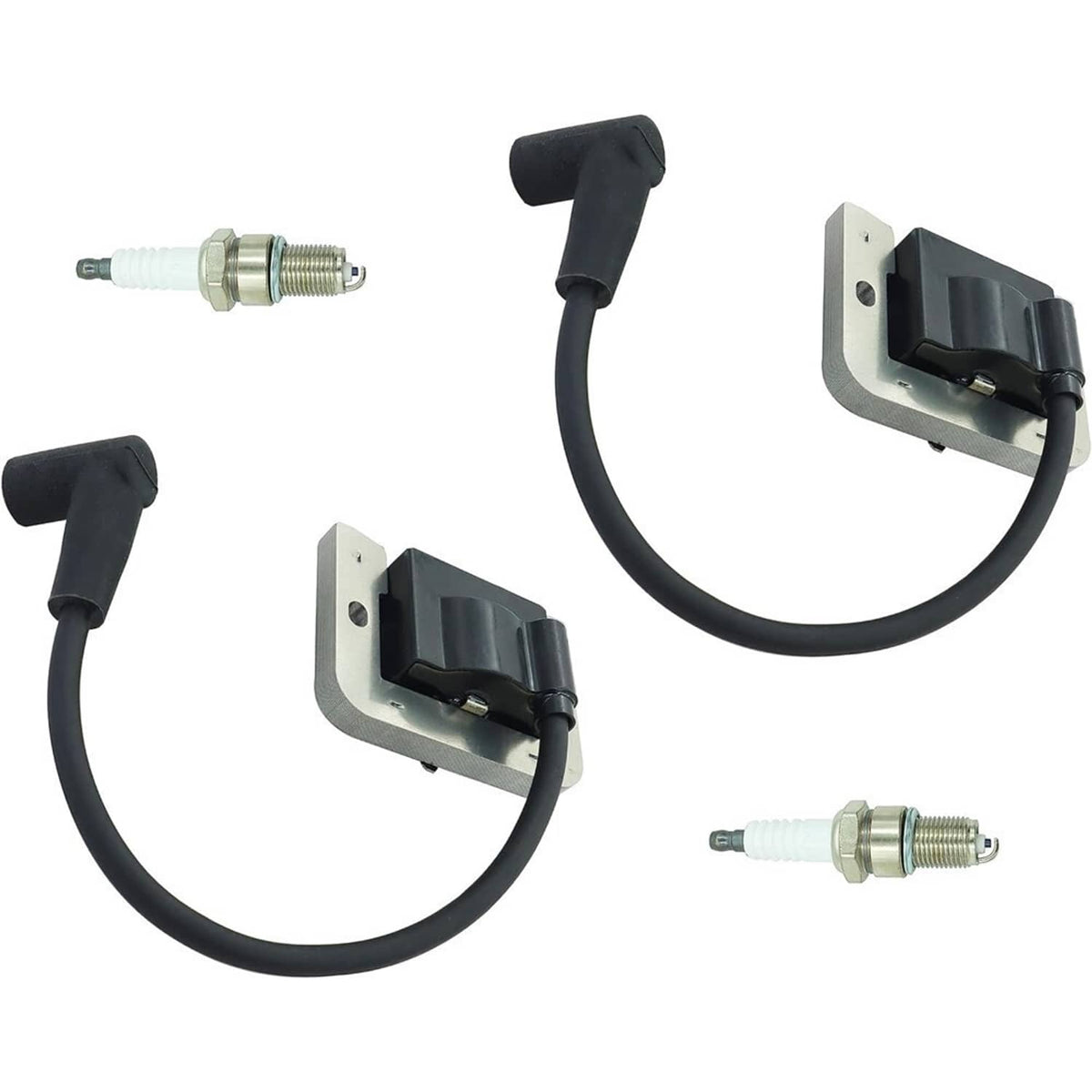 Set of ignition modules with black wiring and two spark plugs, shown together