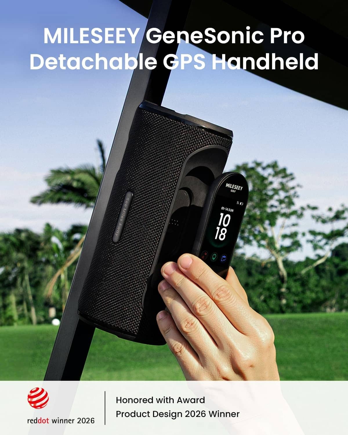 Handheld golf GPS speaker in black held in hand with built-in screen