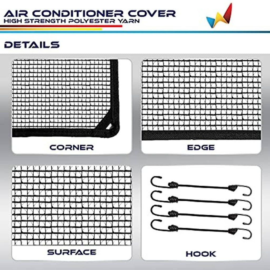 Black mesh air conditioner cover details: corner, edge, surface, and hook straps