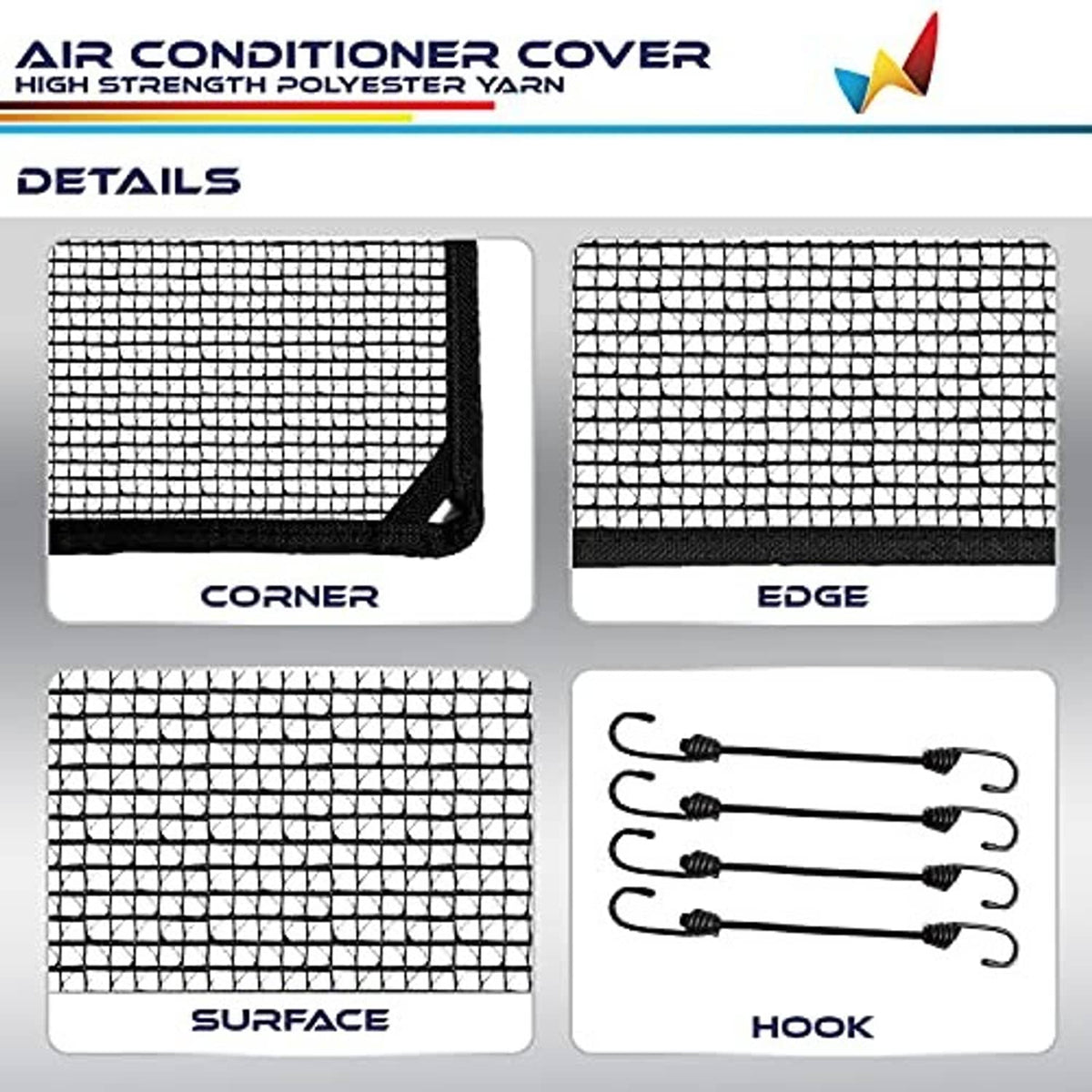Black mesh air conditioner cover details: corner, edge, surface, and hook straps