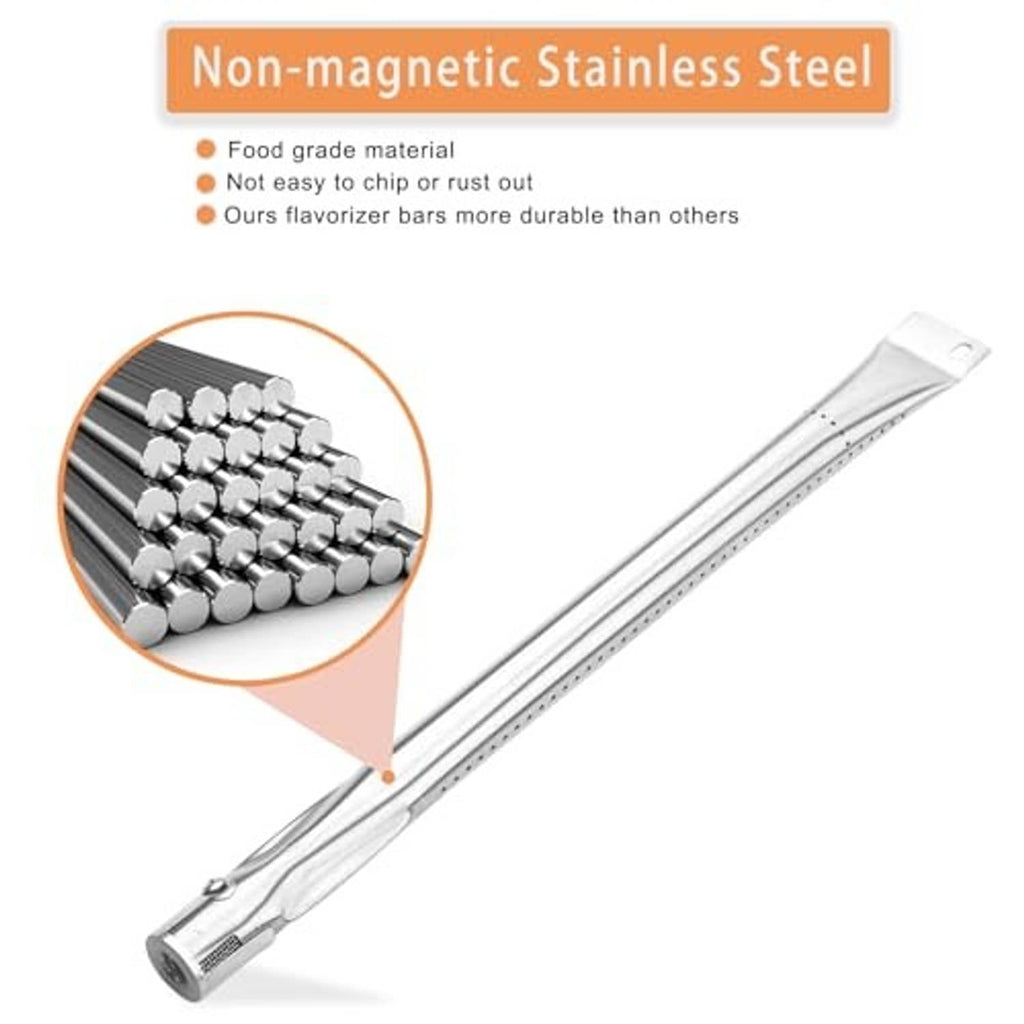 Stainless steel grill burner tube with perforated vent strip and square mounting end