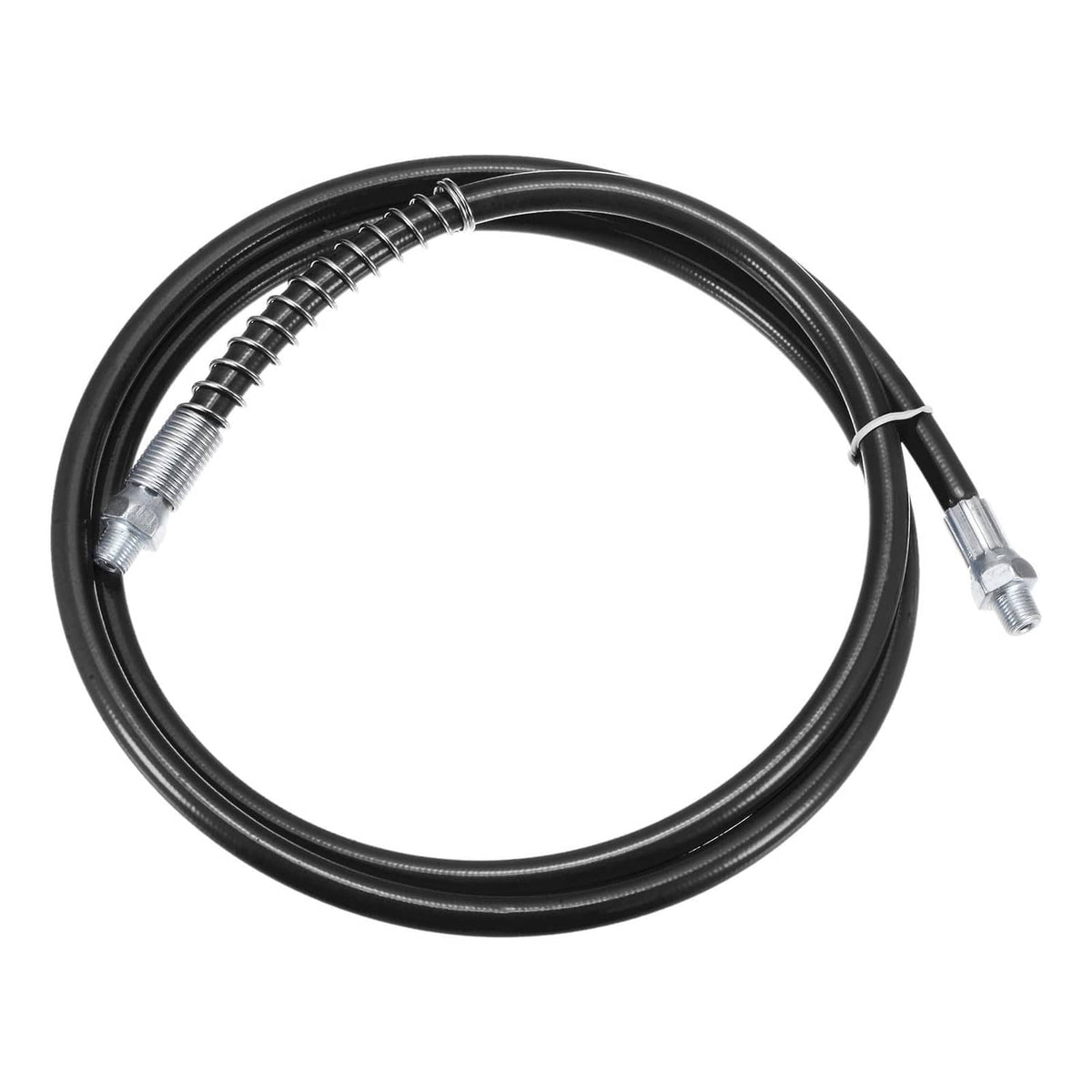 Black grease gun hose with spring-flex coil and metal end fittings, 59 in long
