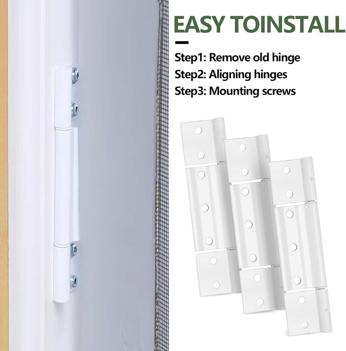 White aluminum screen door hinge plates with mounting screws, easy-to-fit set