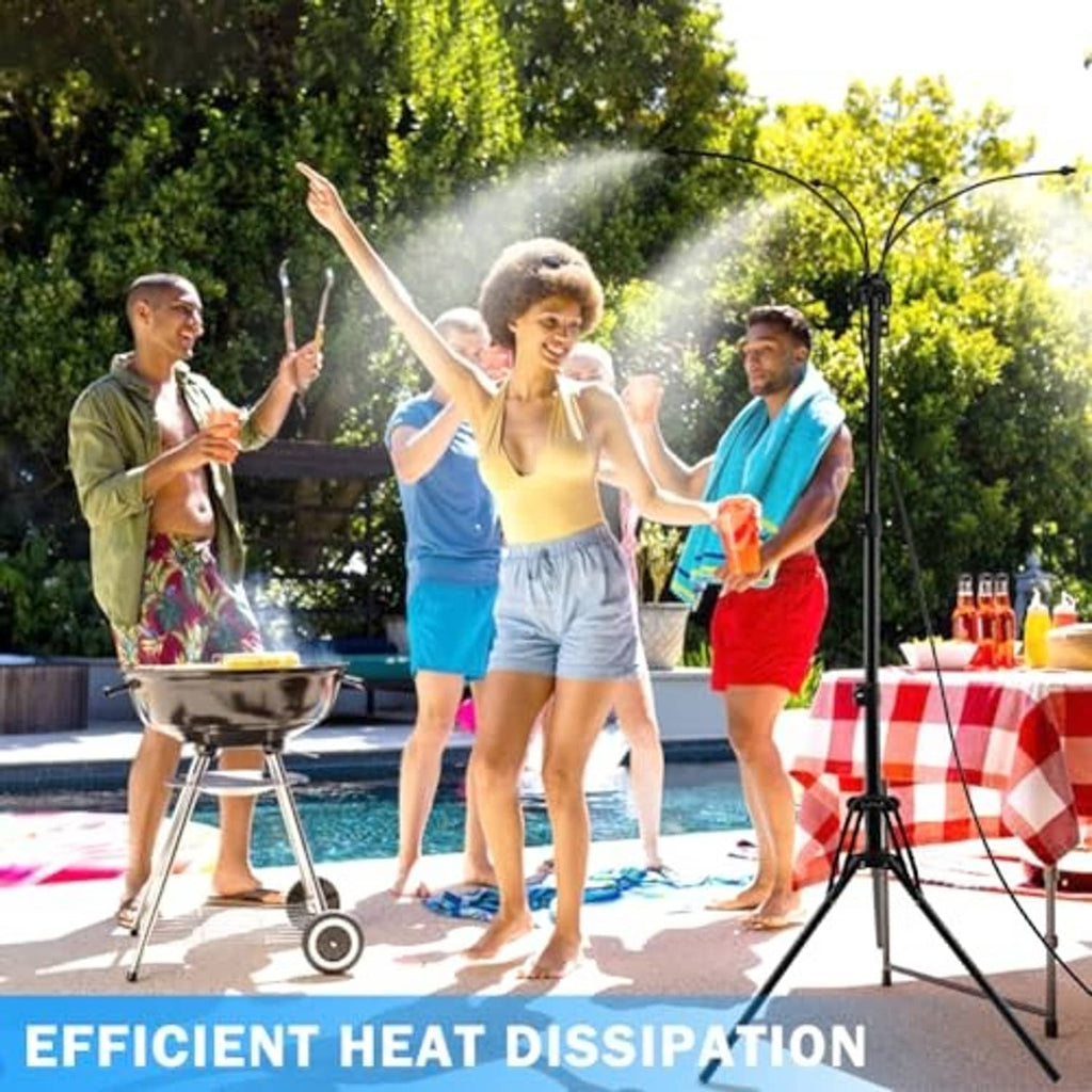 Outdoor patio mist sprayer stand on tripod with mist spray for cooling guests