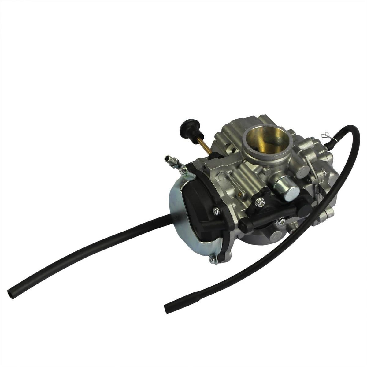 ATV carburetor assembly with round throttle bore and two black fuel lines