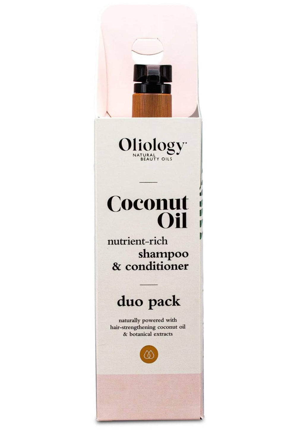 Oliology Coconut Oil hair care duo pack carton, nutrient-rich shampoo & conditioner