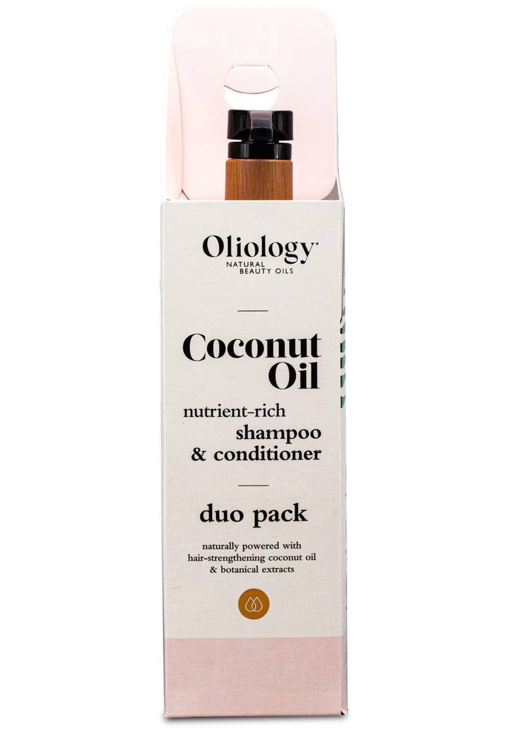 Oliology Coconut Oil hair care duo pack carton, nutrient-rich shampoo & conditioner
