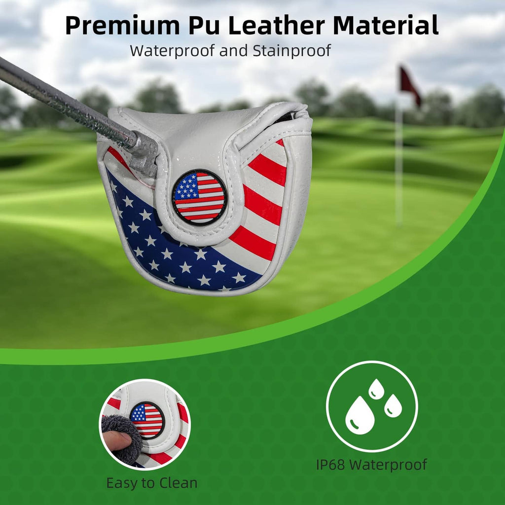 White mallet golf putter head cover with U.S. flag sides and circular emblem, padded body