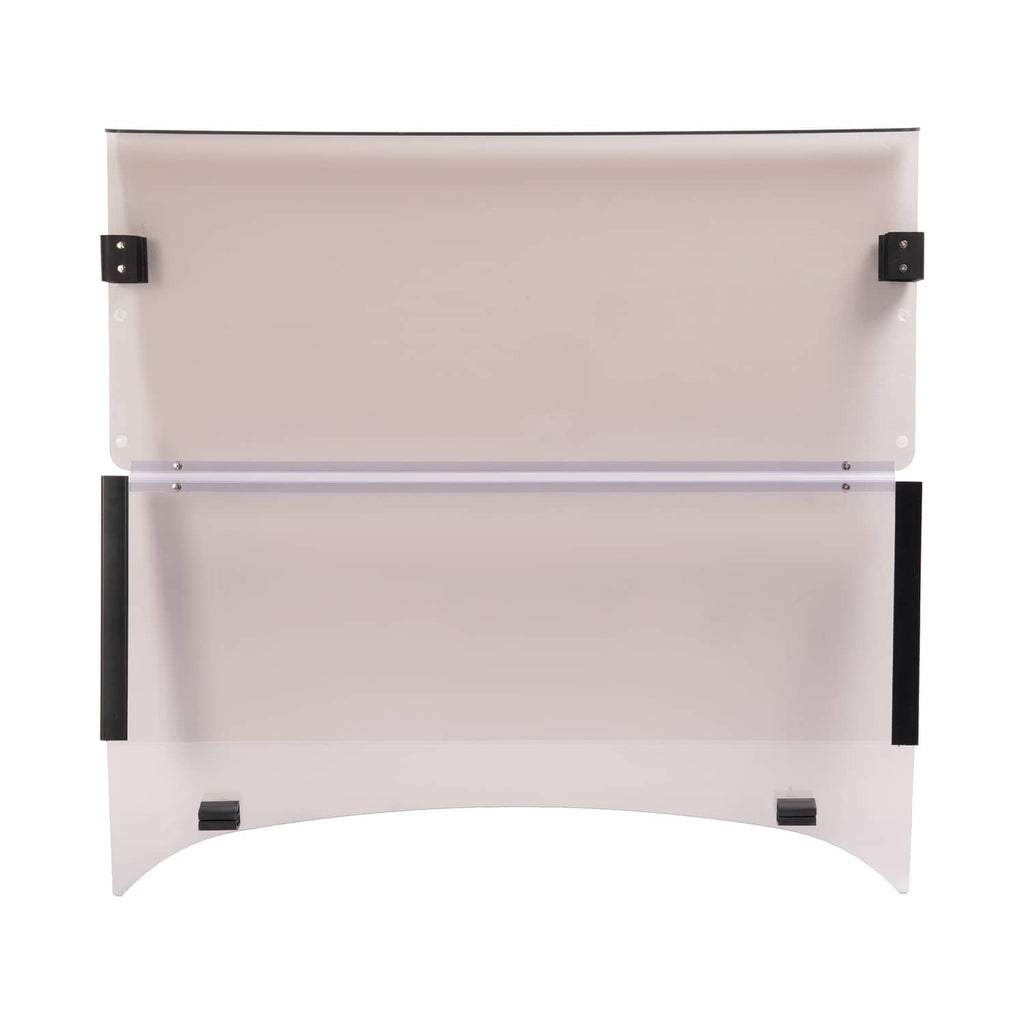 Fold-down tinted windshield panel with black support posts and clear smoke glass