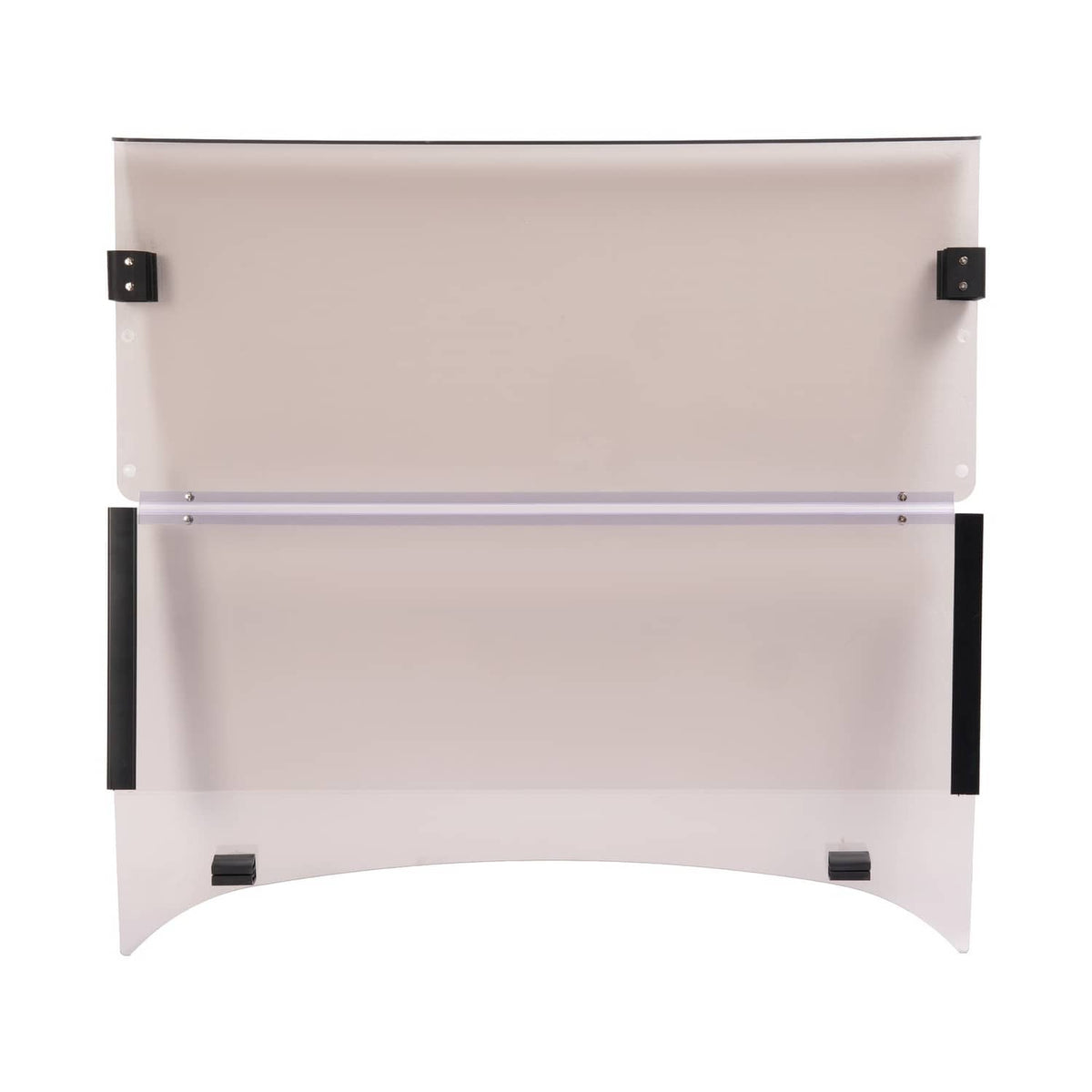 Fold-down tinted windshield panel with black support posts and clear smoke glass