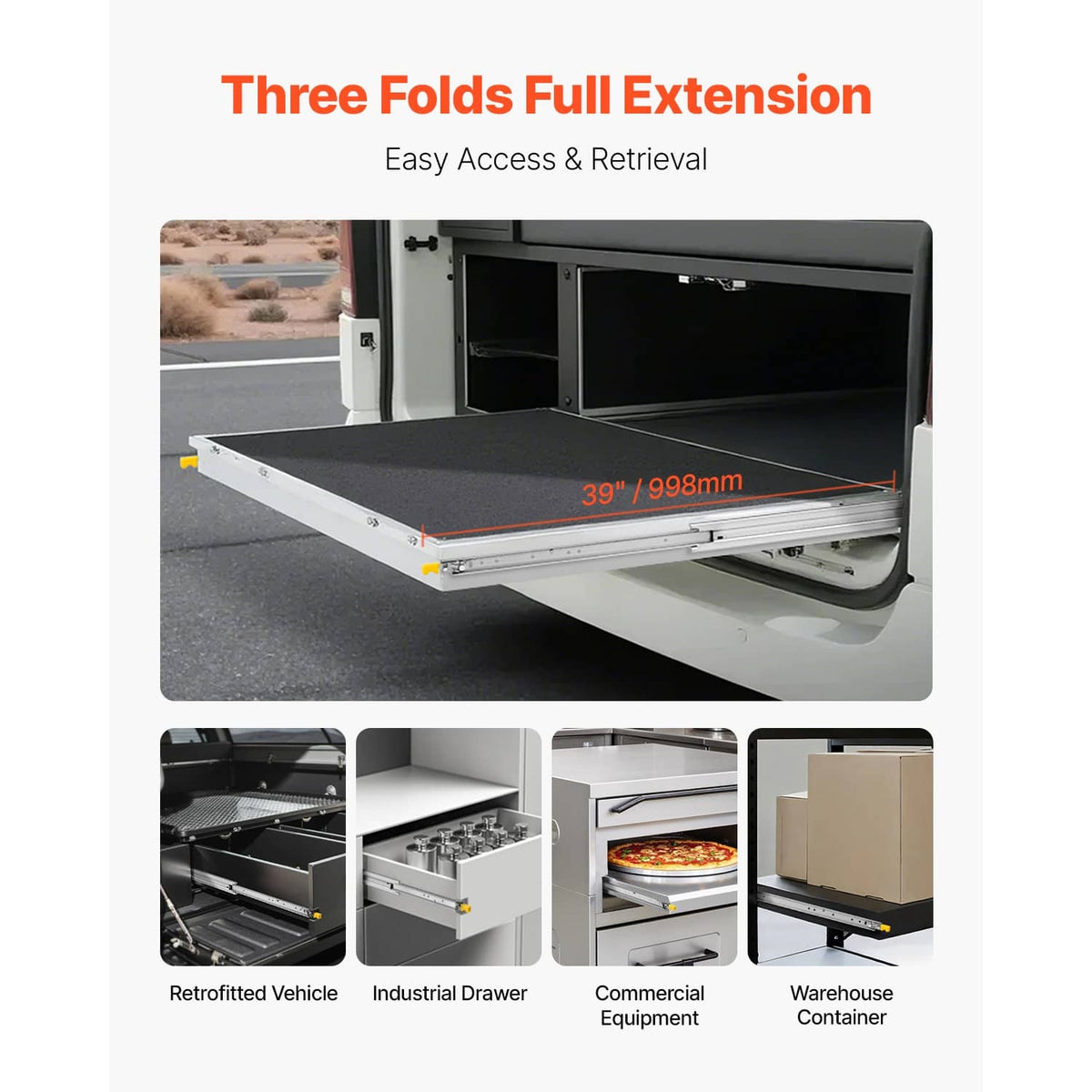 Three-fold full-extension drawer slide rail system for easy access and retrieval