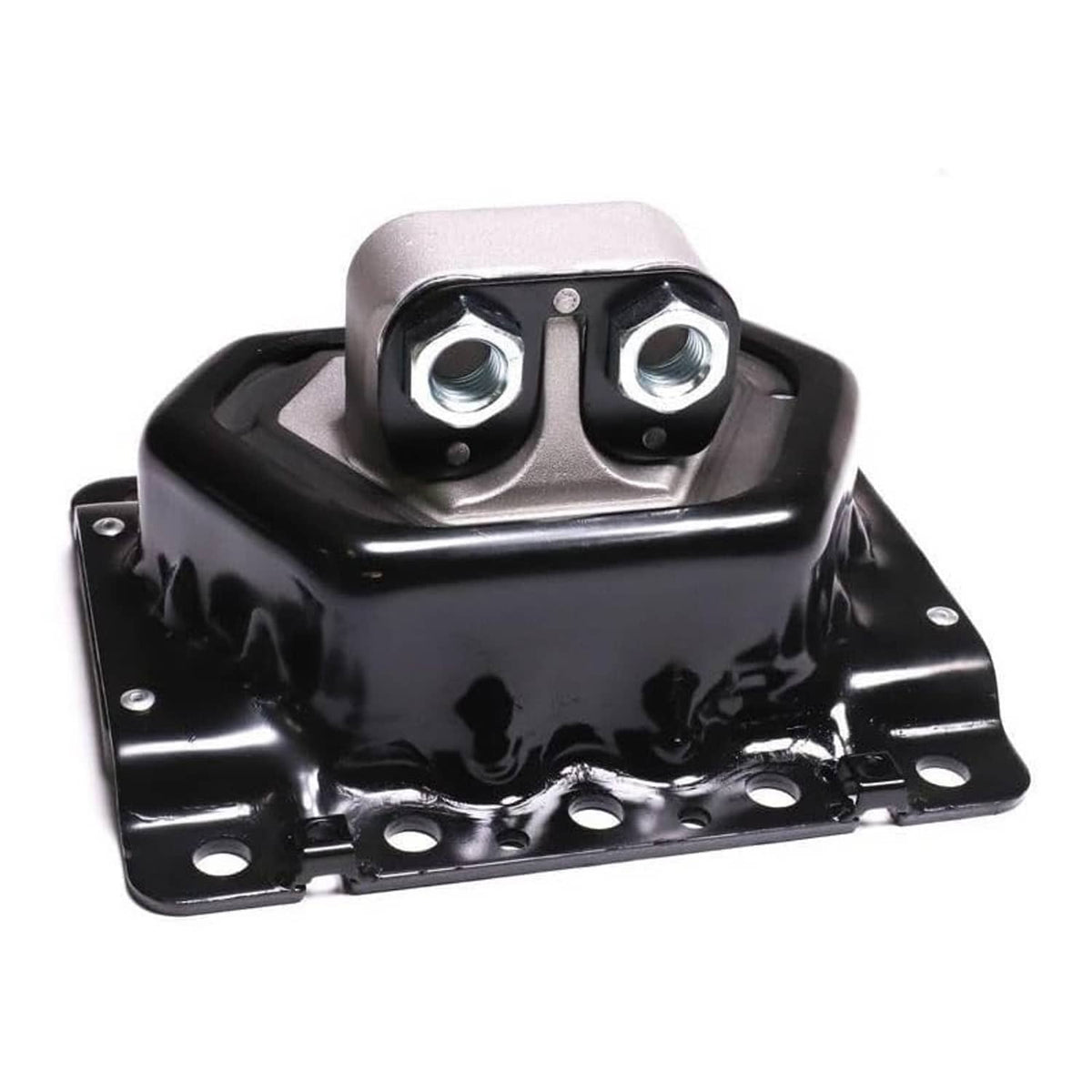 Black engine mount with two top threaded bolts and silver metal bushing