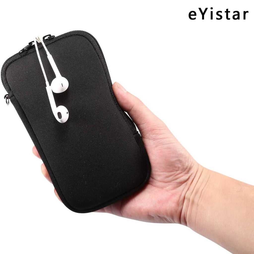 Black zippered phone sleeve pouch held in hand, with small earbud accessory