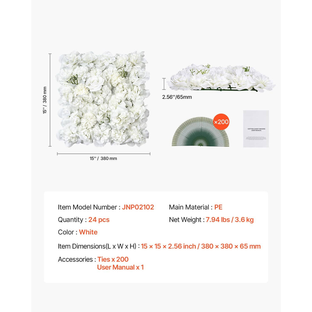 White artificial flower wall panel with green stems and mesh backing