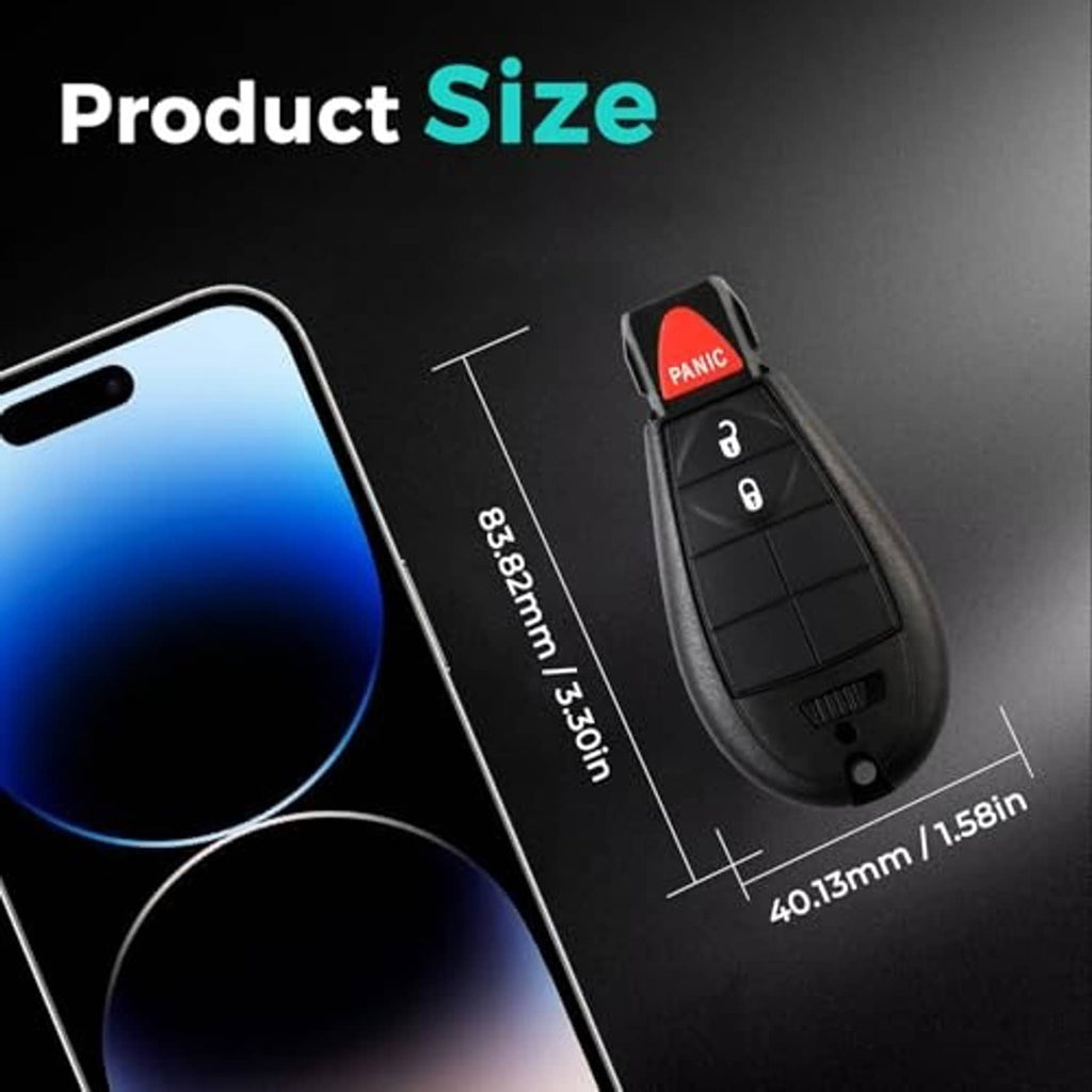 Key fob cover size diagram with red PANIC button and dimension labels