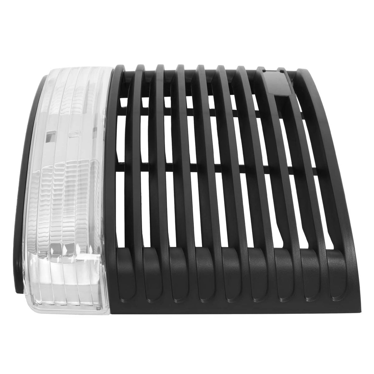 Front hood grille with headlight lens, black grille slats and clear headlight housing