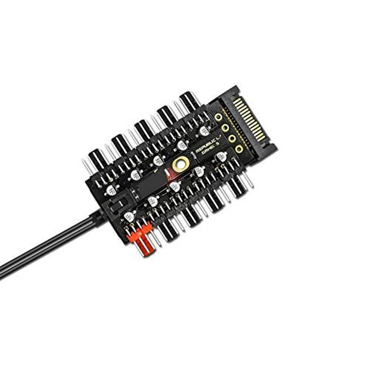 Black PC PWM fan hub PCB side view with ribbon cable and multiple 4-pin headers