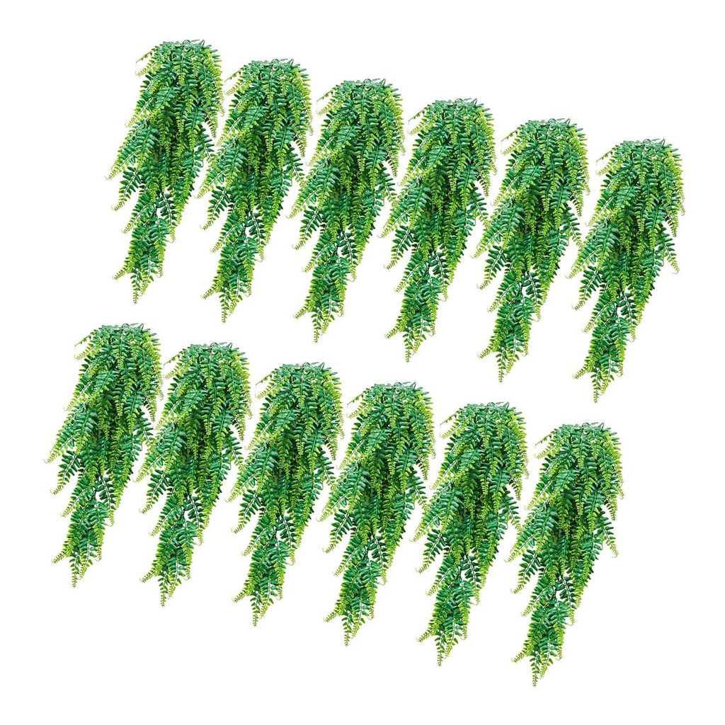 Artificial hanging Boston fern bushes, green fronds in a set of multiple pieces