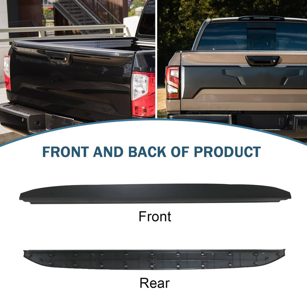 Rear tailgate bed cap molding, front and rear views shown as black trim strip