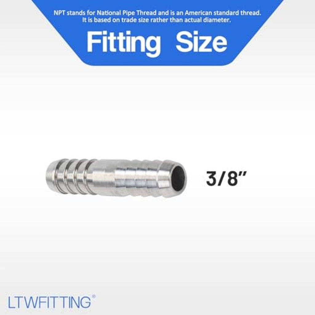 Stainless steel barbed hose splicer mender fitting with ridged barbs and dark inner bore