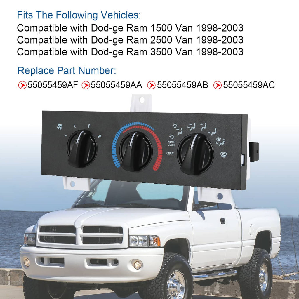 A/C heater control panel with three black knobs and blue/red temperature indicator