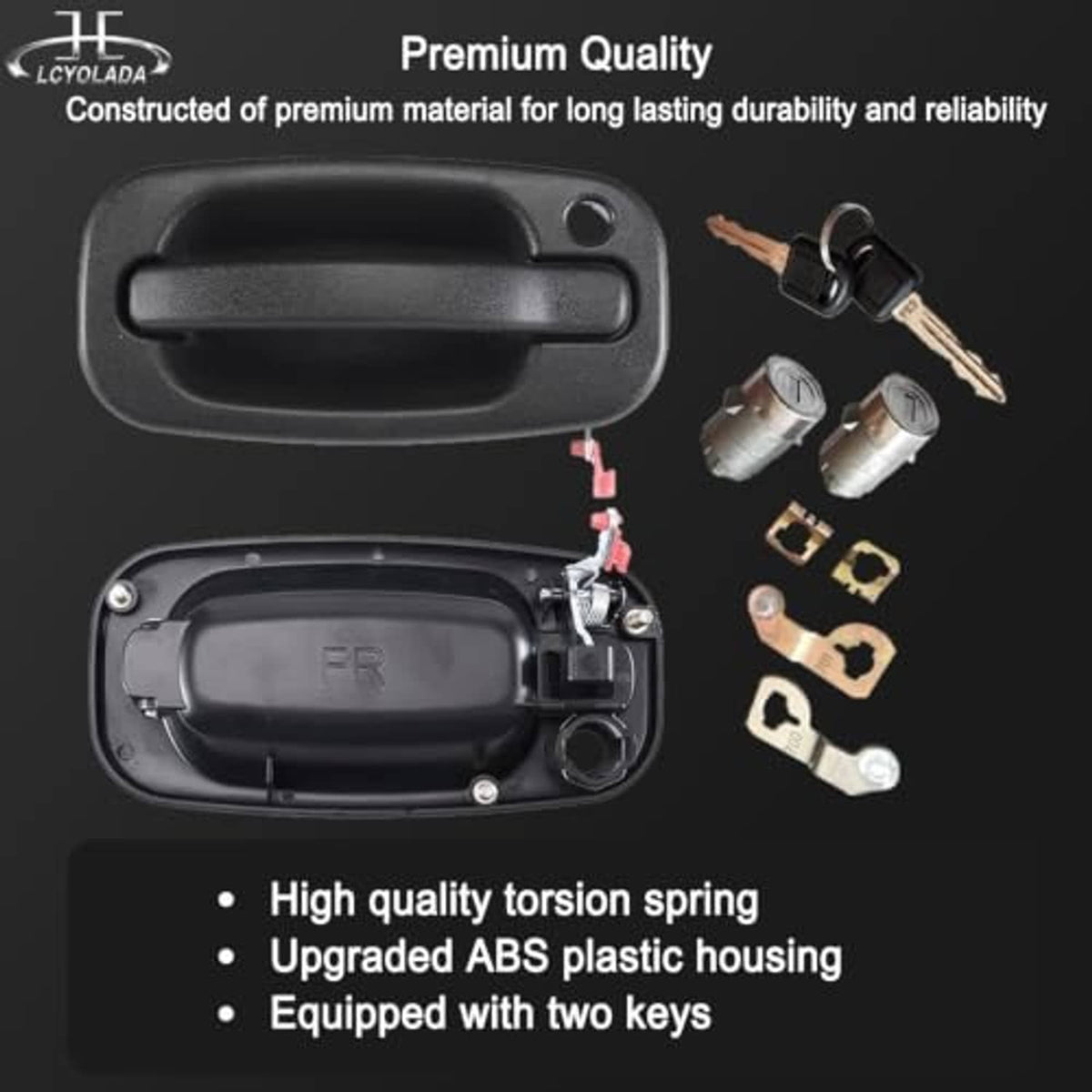 Front exterior door handle with lock cylinder housing, black, plus key set