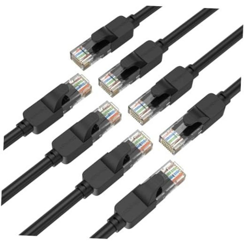 Black Ethernet cables with gold RJ45 connectors, shown in angled close-up.