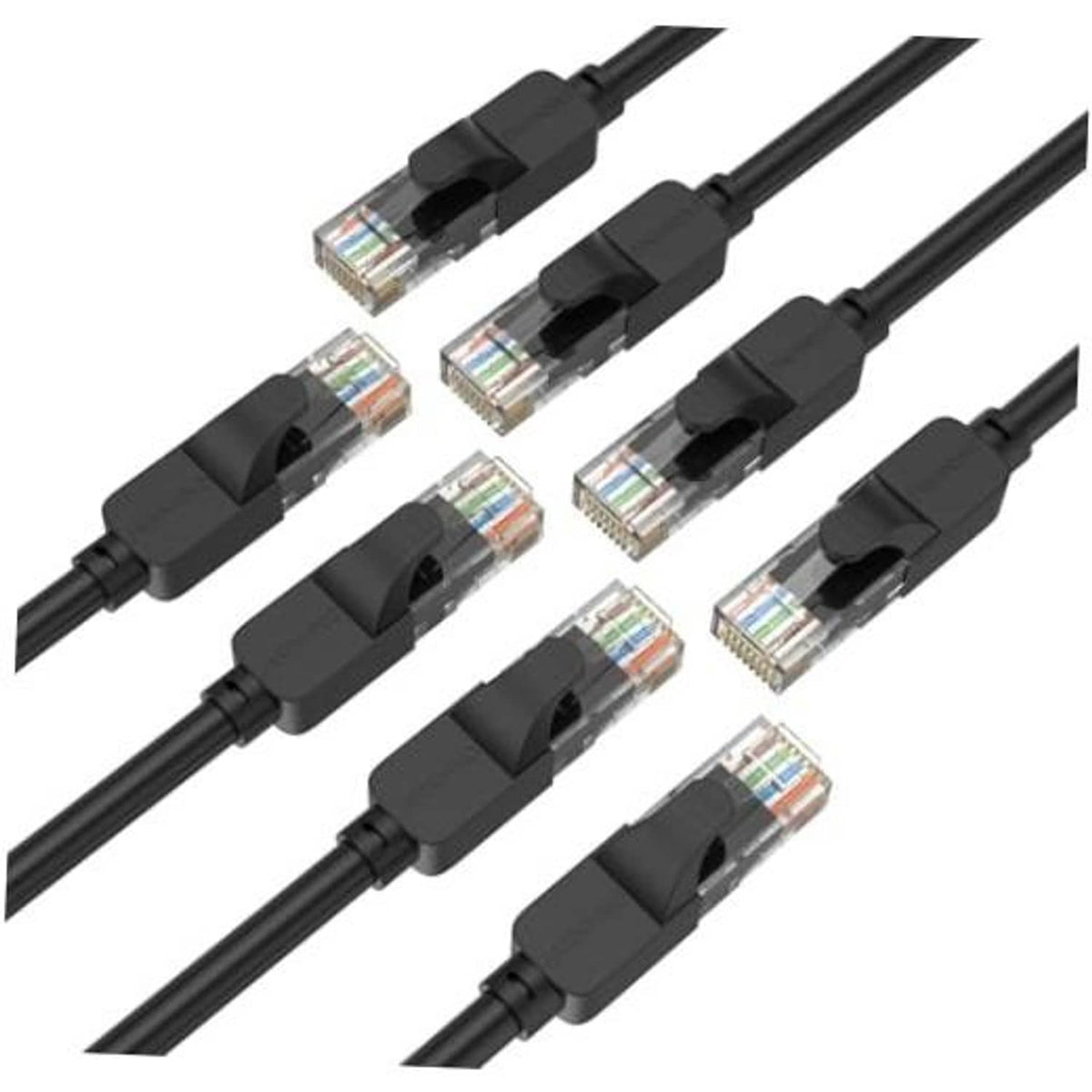 Black Ethernet cables with gold RJ45 connectors, shown in angled close-up.