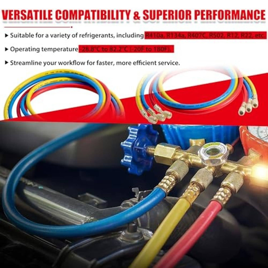 AC manifold gauge hose set with three hoses and brass connector ends